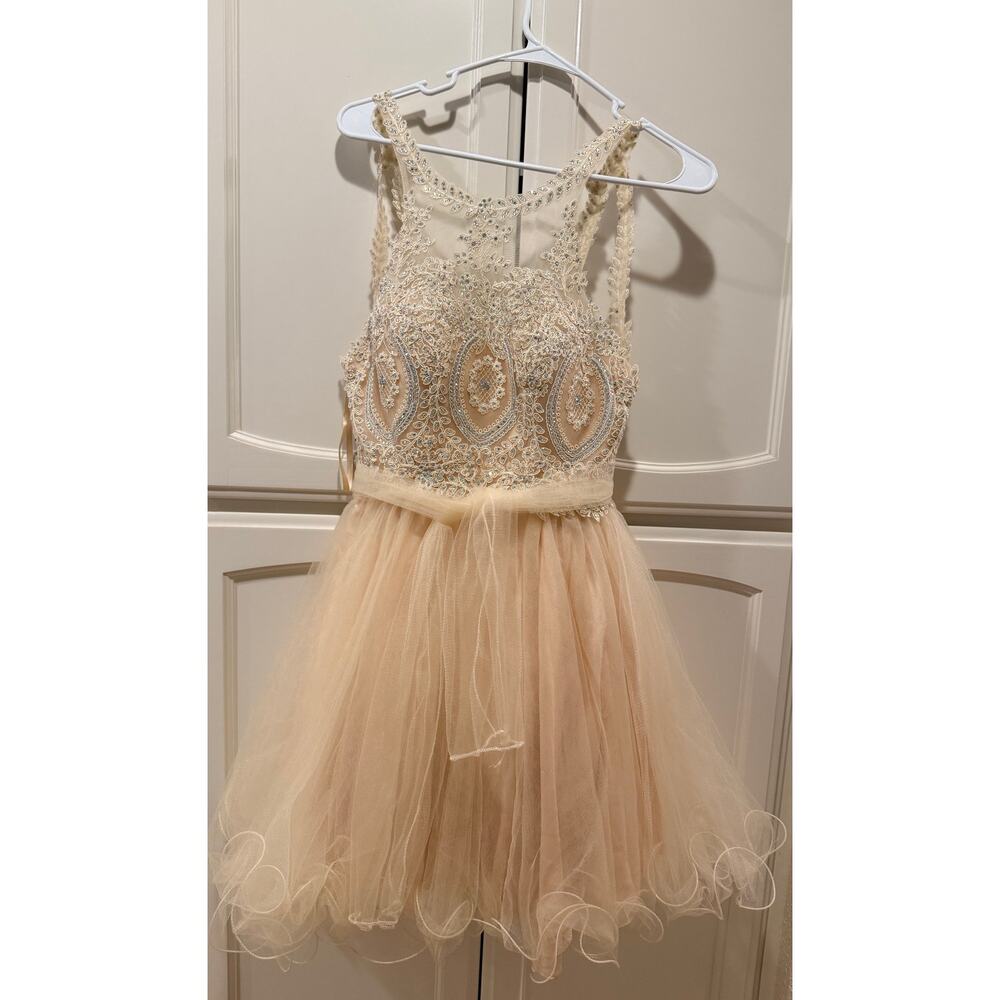 Cinderella Divine Champagne Beaded Tulle Prom Dress XS Princess Homecoming
